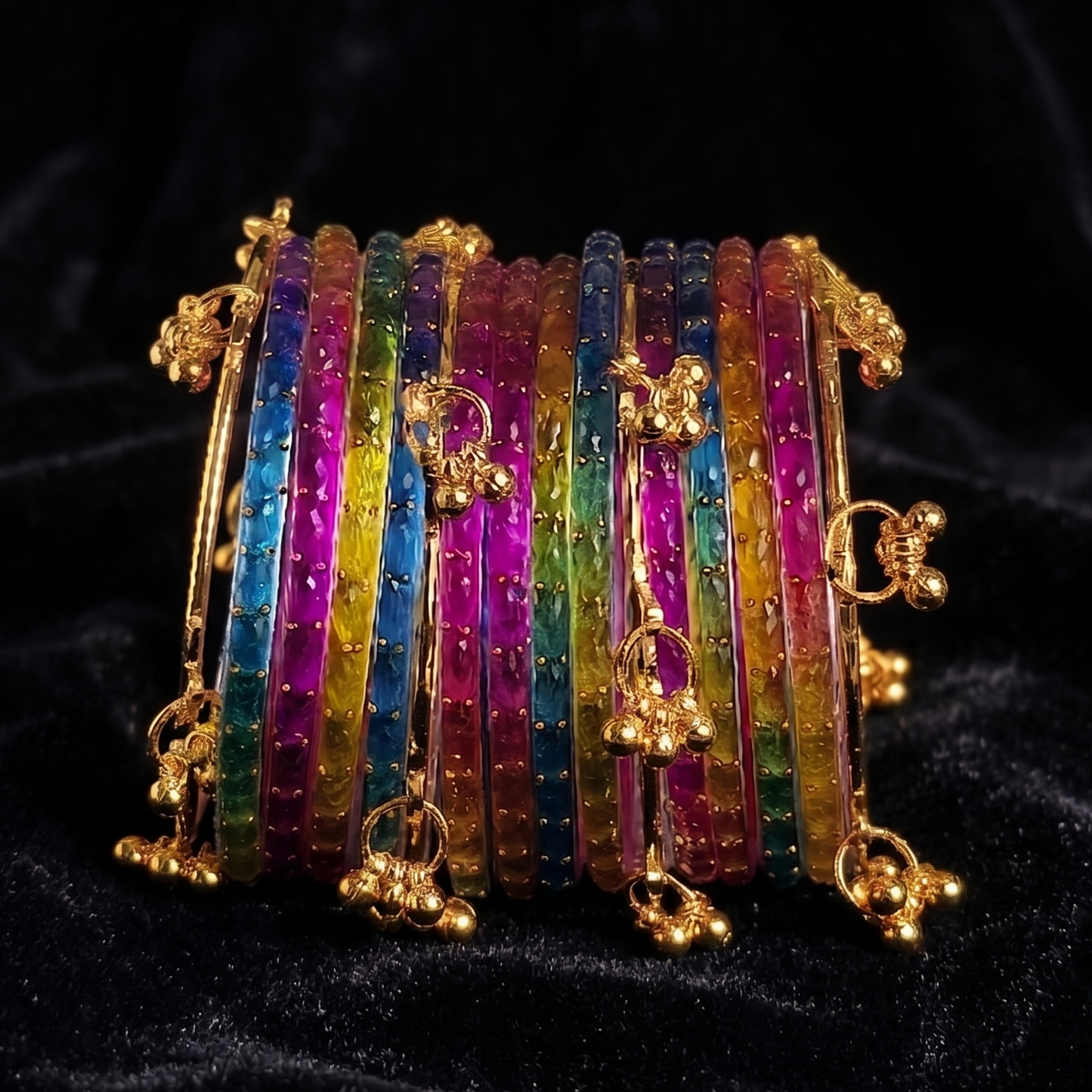 Trendy Glass Bangles With Gold Ghunghroo Set - Set Of 16