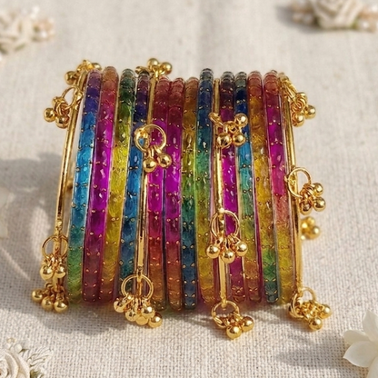 Trendy Glass Bangles With Gold Ghunghroo Set - Set Of 16