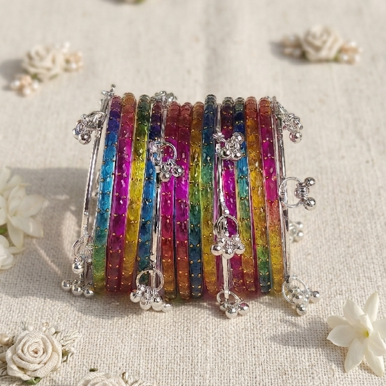 Trending Glass Bangle With Silver Ghunghroo Set For Women & Girls - Set Of 16