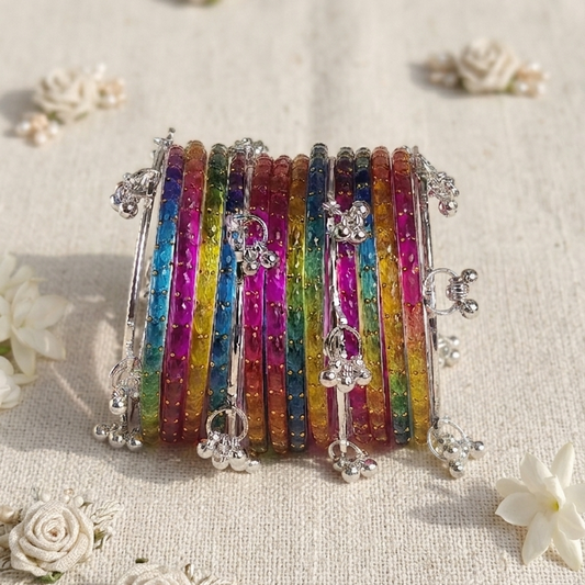 Trending Glass Bangle With Silver Ghunghroo Set For Women & Girls - Set Of 16