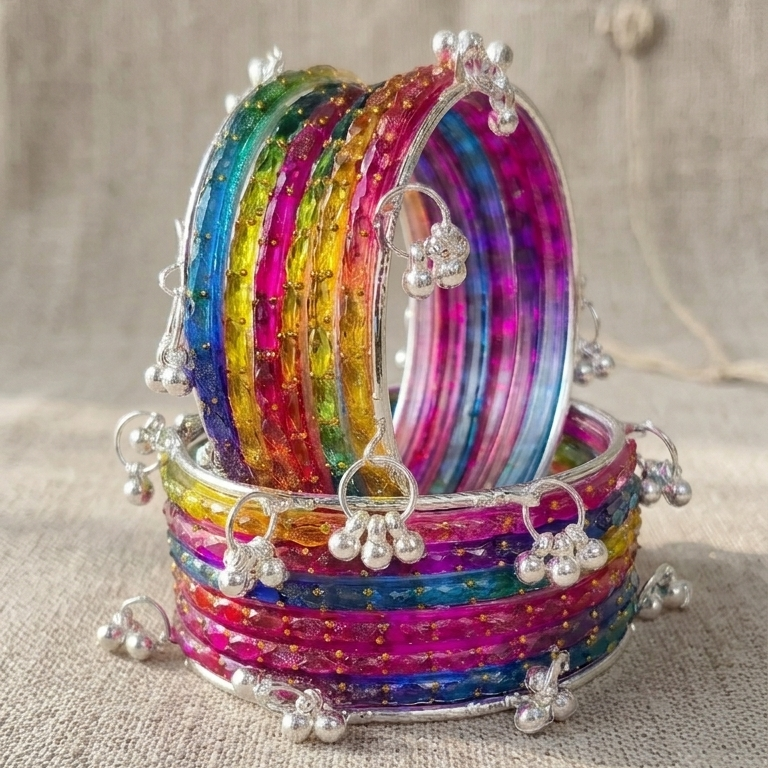 Trending Glass Bangle With Silver Ghunghroo Set For Women & Girls - Set Of 16