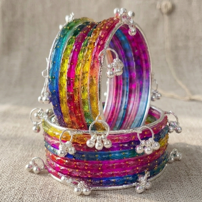 Trending Glass Bangle With Silver Ghunghroo Set For Women & Girls - Set Of 16