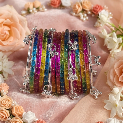 Trending Glass Bangle With Silver Ghunghroo Set For Women & Girls - Set Of 16