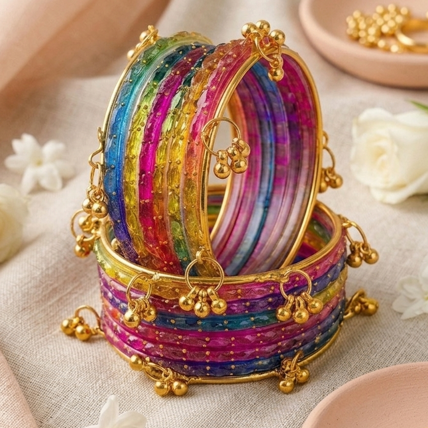 Trendy Glass Bangles With Gold Ghunghroo Set - Set Of 16