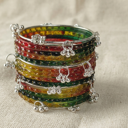 Trending Glass Bangle With Silver Ghunghroo Set For Women & Girls - Set Of 16