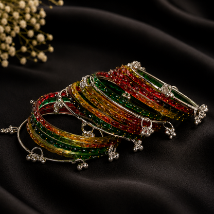 Trending Glass Bangle With Silver Ghunghroo Set For Women & Girls - Set Of 16