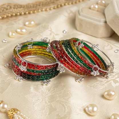 Trending Glass Bangle With Silver Ghunghroo Set For Women & Girls - Set Of 16