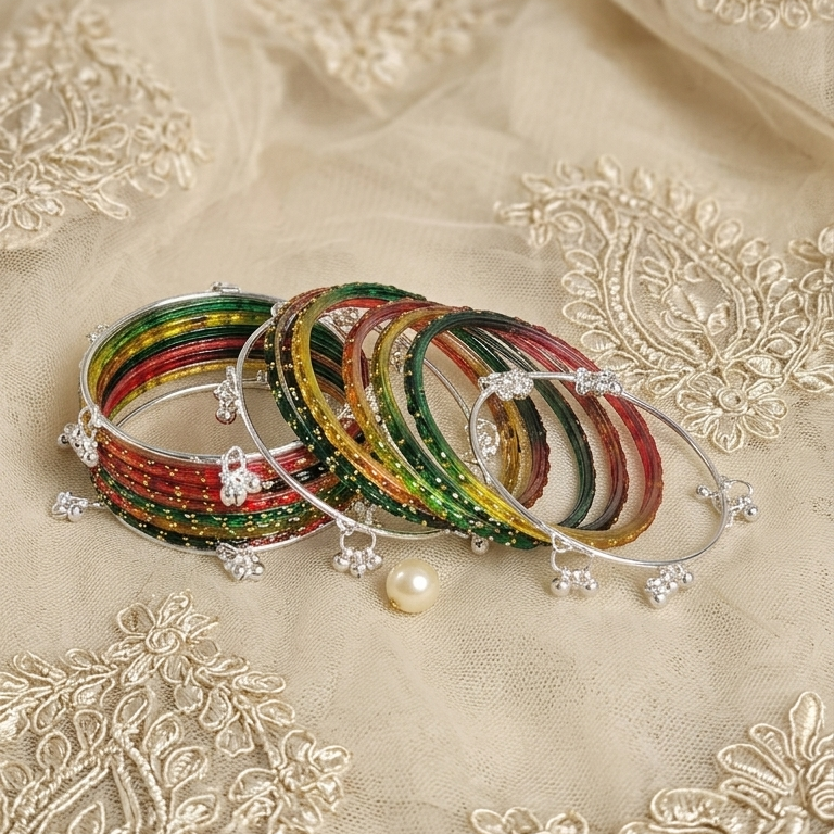 Trending Glass Bangle With Silver Ghunghroo Set For Women & Girls - Set Of 16