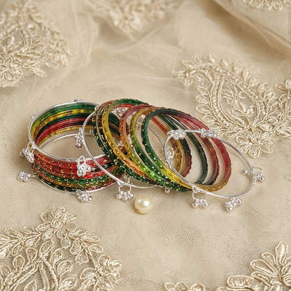 Trending Glass Bangle With Silver Ghunghroo Set For Women & Girls - Set Of 16