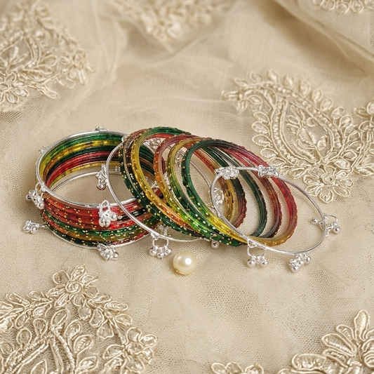 Trending Glass Bangle With Silver Ghunghroo Set For Women & Girls - Set Of 16