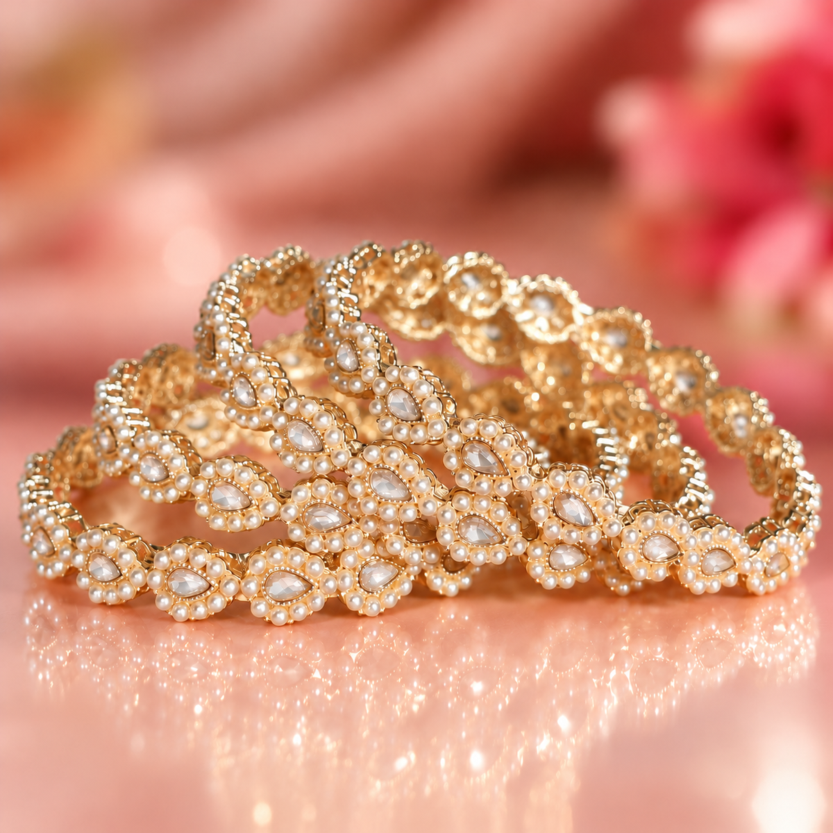 GoldSilver Plated Pearl and Crystal Stone Studded Bridal Bangles Set - Set Of 4