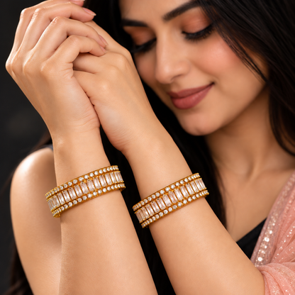 Premium Gold Plated Crystal Stone Bangles With Elegant Kundan Zircon - Set Of 2