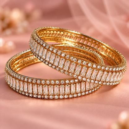 Premium Gold Plated Crystal Stone Bangles With Elegant Kundan Zircon - Set Of 2