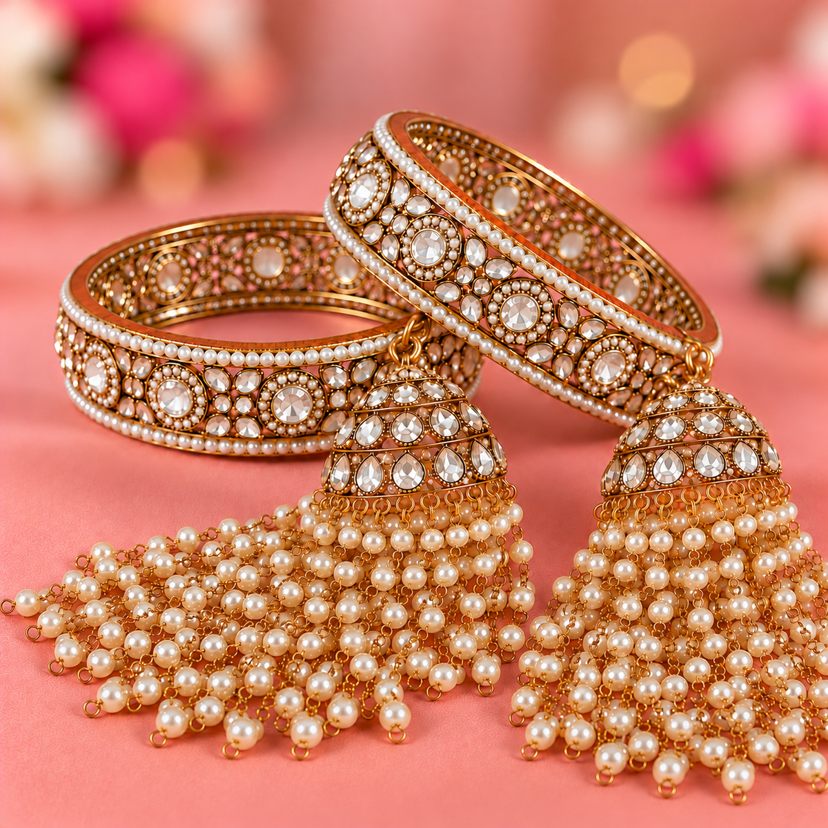 Premium Goldsilver Pearl-Studded Kundan Kada Bangles with Latkan - Set Of 2