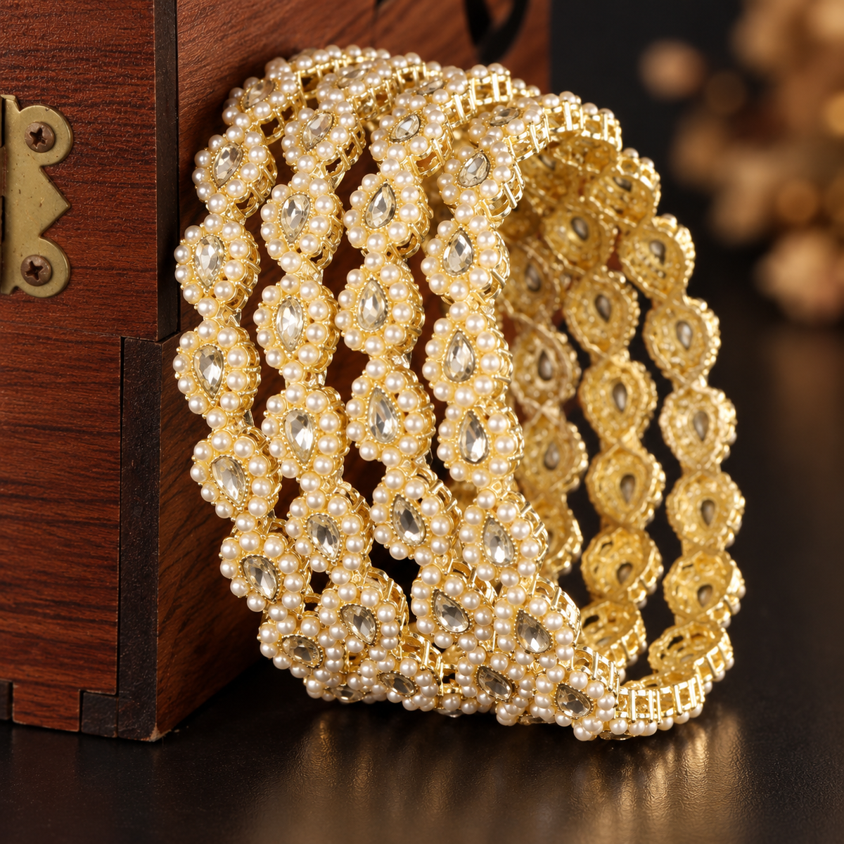 Gold Plated Pearl and Crystal Stone Studded Bridal Bangles Set - Set Of 4