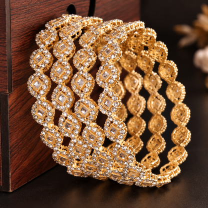 Royal Gold Designer Bangle Set With Stylish Pattern & Crystal Stones - Set Of 4