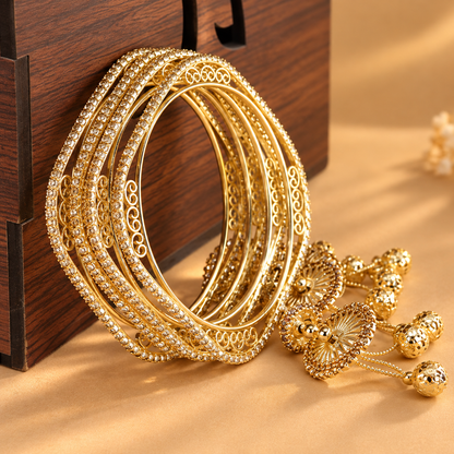 Designer Gold Plated Stone Studded with Latkan Charms Bangle Set - Set Of 4