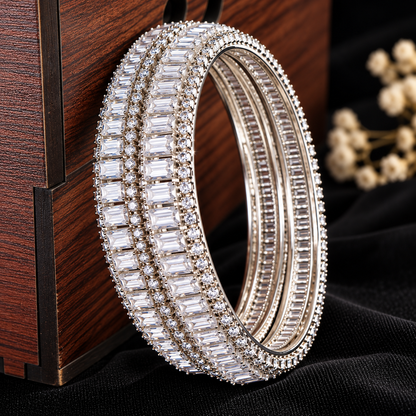 Premium Silver Plated Crystal Stone Bangles With Elegant Kundan Zircon - Set Of 2
