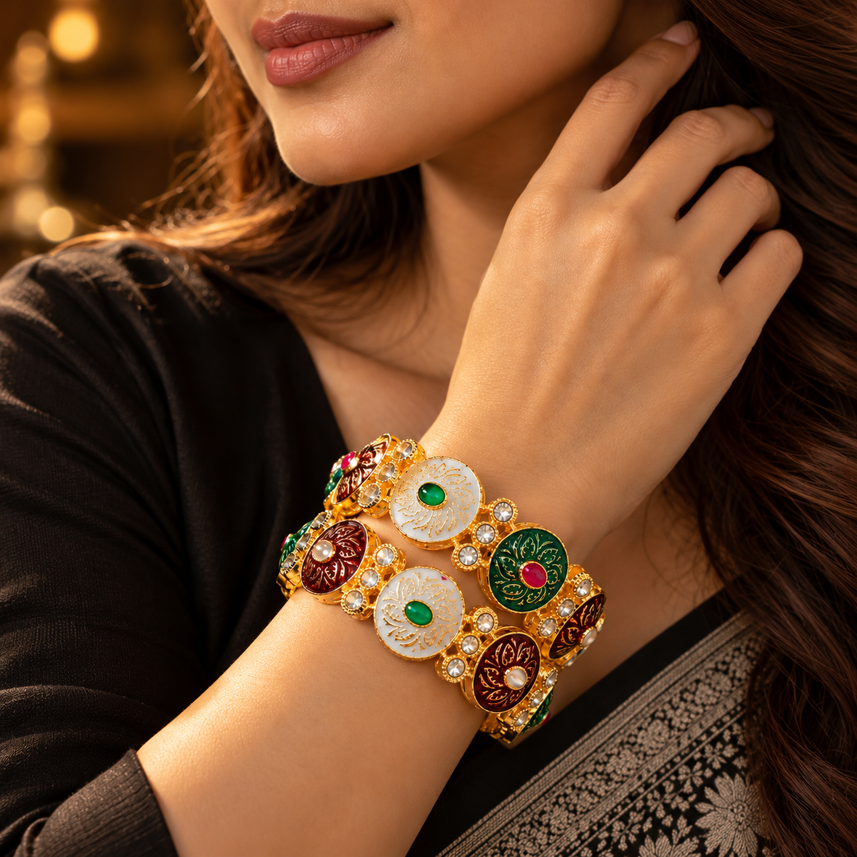 Premium Gold Plated Designer Kada Bangles Set with Multicolor Design - Set Of 2