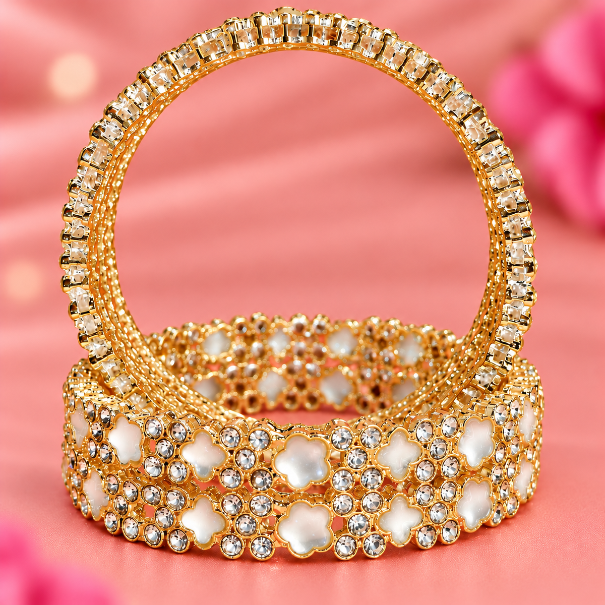 Elegant Golden Floral Bangles with Sparkling Crystal & Pearl Detailing - Set Of 4