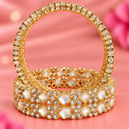 Elegant Golden Floral Bangles with Sparkling Crystal & Pearl Detailing - Set Of 4