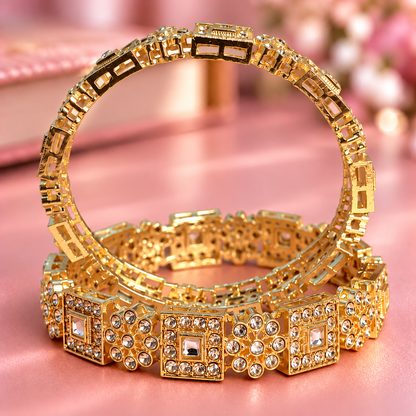 Gold Plated & Crystal Work Traditional Designer Bangle Set - Set Of 2
