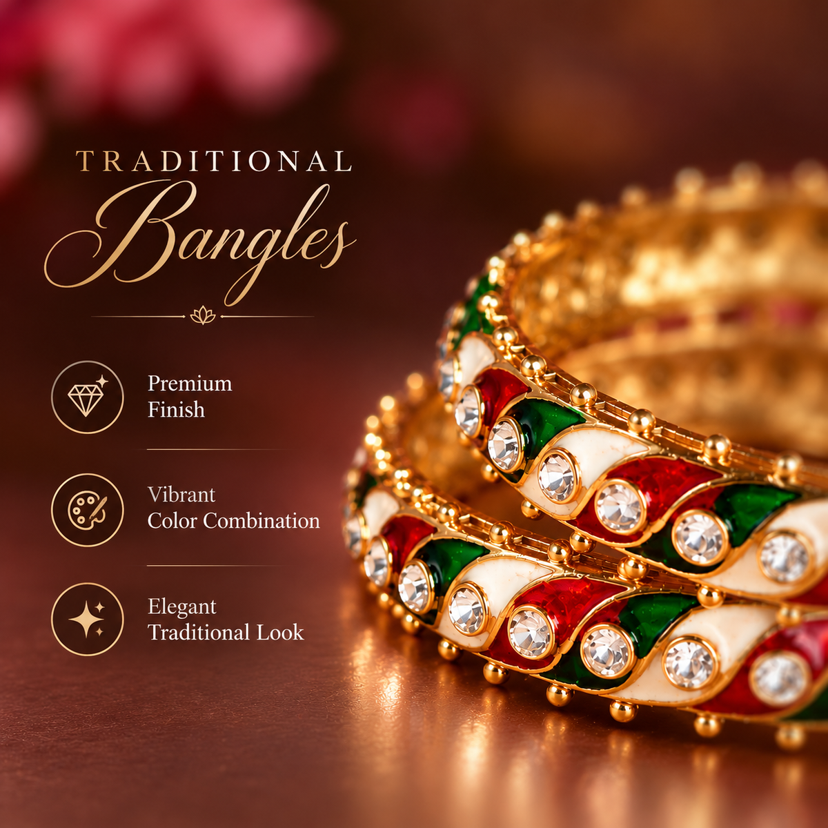 Gold Plated, Red-Green Design & White Stone Studded Bangles Set - Set Of 2