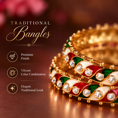 Gold Plated, Red-Green Design & White Stone Studded Bangles Set - Set Of 2