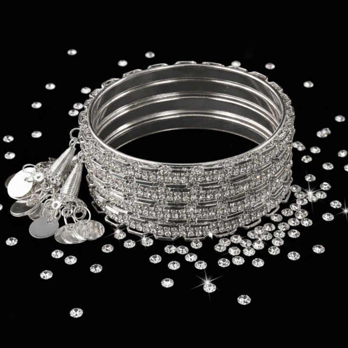 Luxury Silver Bangles with Stylish Latkan Danglers