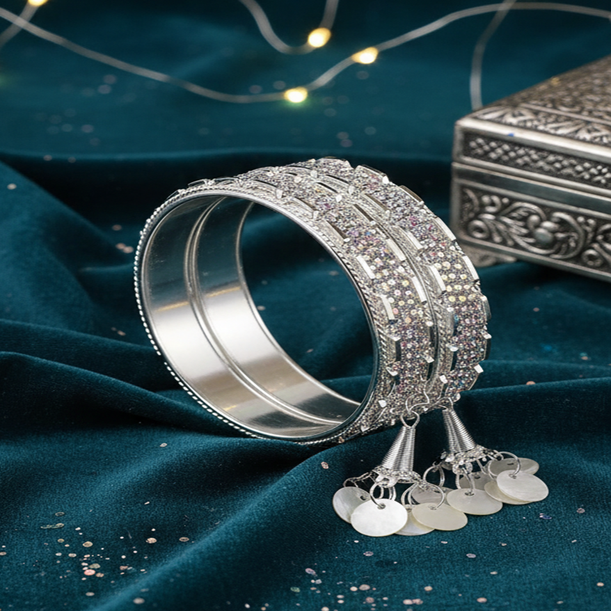 Luxury Silver Bangles with Stylish Latkan Danglers