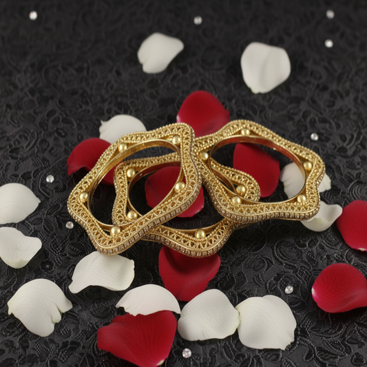 Premium Gold Star Kada Set – Designer Wavy Bangles with Star Detailing