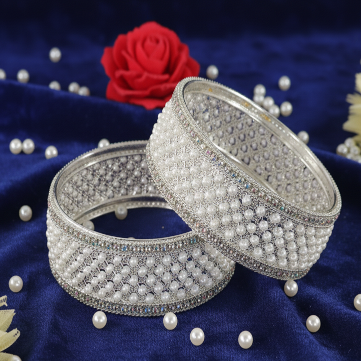 Luxury Silver Pearl Bangles – Perfect for Weddings & Celebrations-Pack of 2