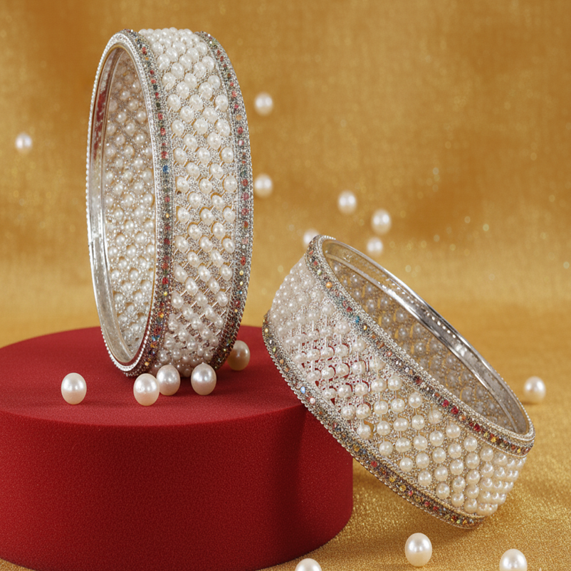 Luxury Silver Pearl Bangles – Perfect for Weddings & Celebrations-Pack of 2