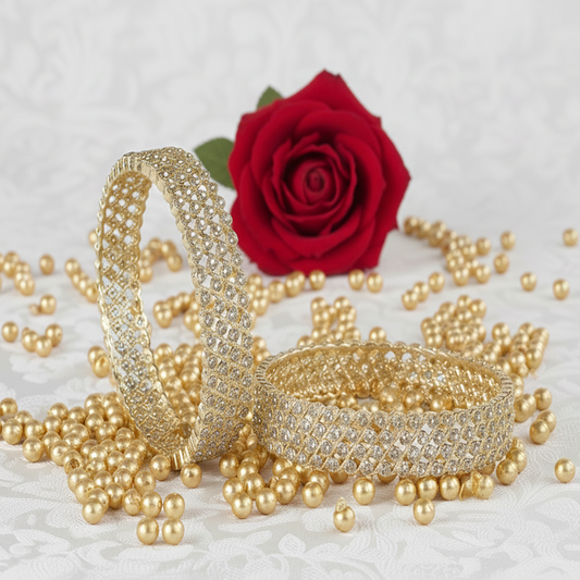 Zircon Net Gold Bangles – Elegant Designer Kada with Sparkling Stone Work & Golden Shine