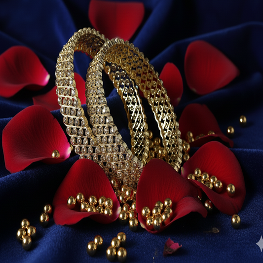 Zircon Net Gold Bangles – Elegant Designer Kada with Sparkling Stone Work & Golden Shine