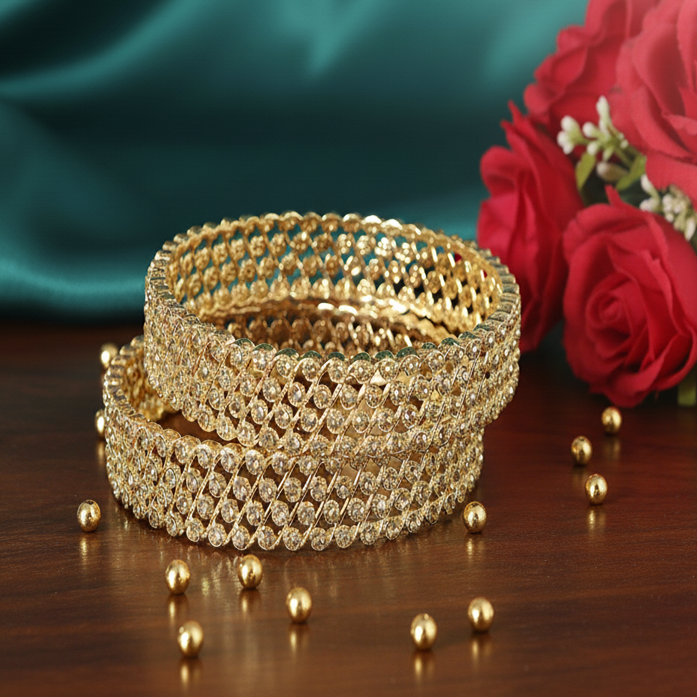 Zircon Net Gold Bangles – Elegant Designer Kada with Sparkling Stone Work & Golden Shine