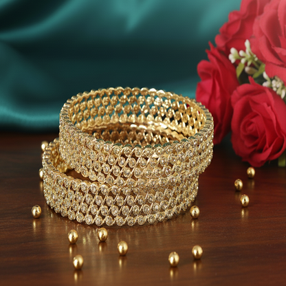Zircon Net Gold Bangles – Elegant Designer Kada with Sparkling Stone Work & Golden Shine