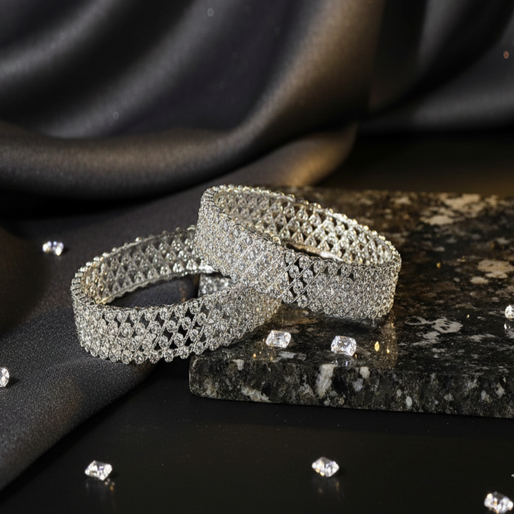 Zircon Net Silver Bangles – Elegant Crystal Studded Kada with Shimmering Finish