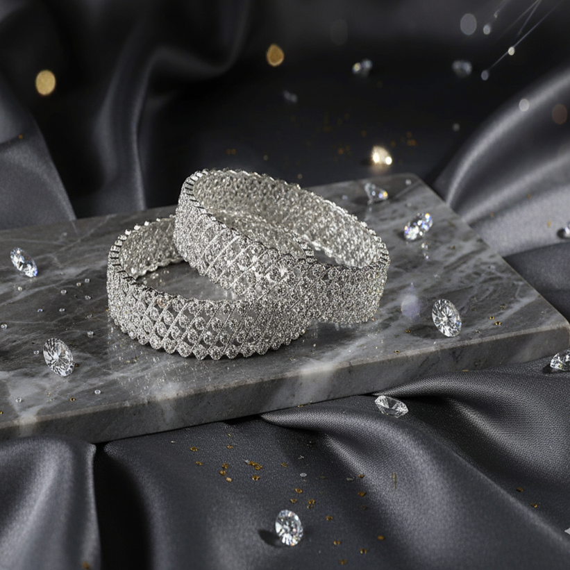 Zircon Net Silver Bangles – Elegant Crystal Studded Kada with Shimmering Finish