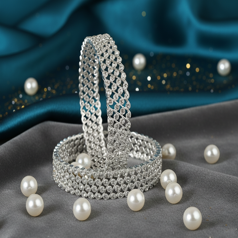 Zircon Net Silver Bangles – Elegant Crystal Studded Kada with Shimmering Finish