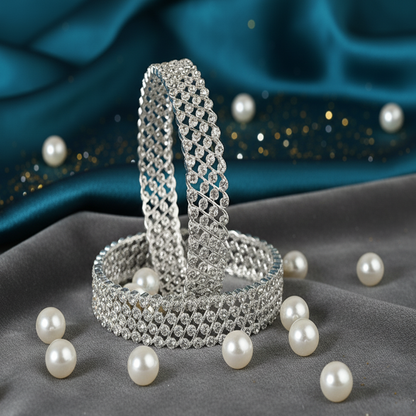 Zircon Net Silver Bangles – Elegant Crystal Studded Kada with Shimmering Finish