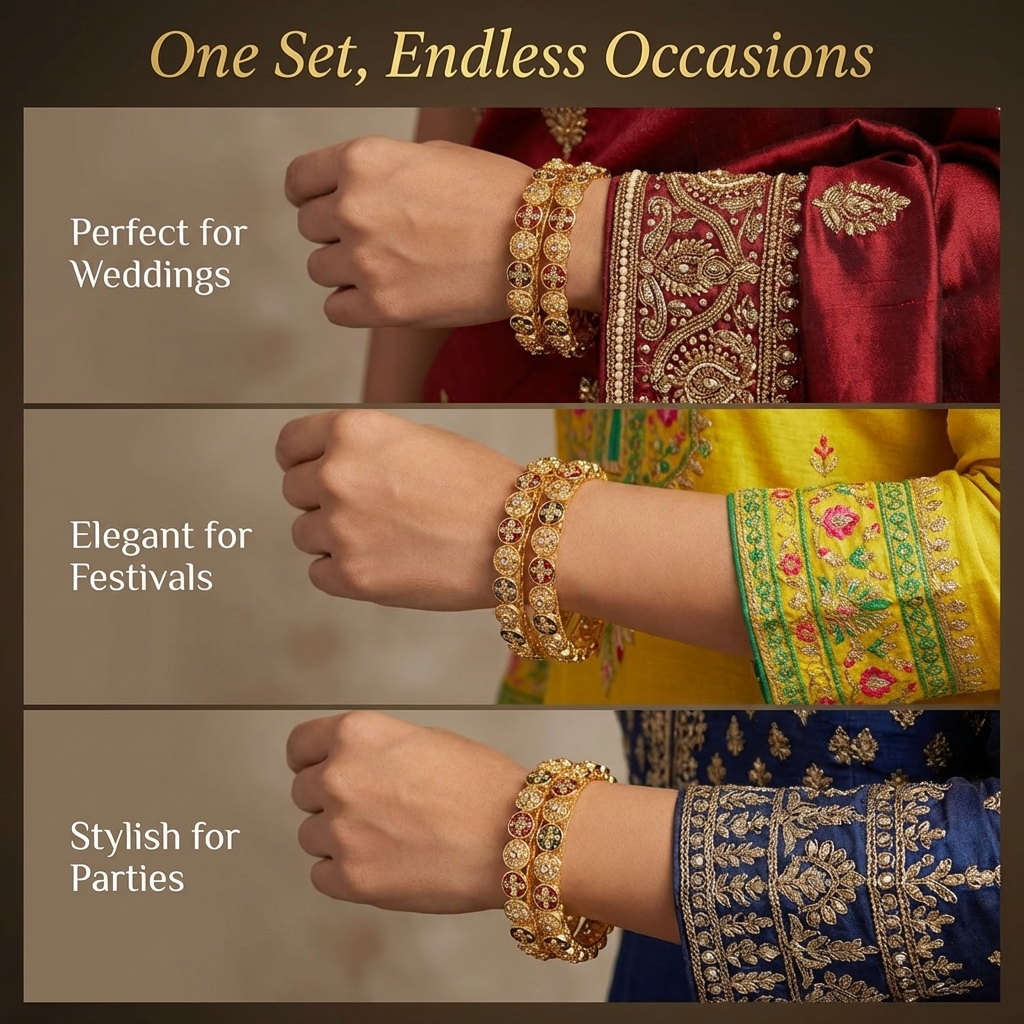 Traditional Gold Plated Metal with Red Zircon GemStone Bangles Set Premium Rajwadi Kangan Se