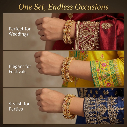 Traditional Gold Plated Metal with Red Zircon GemStone Bangles Set Premium Rajwadi Kangan Se