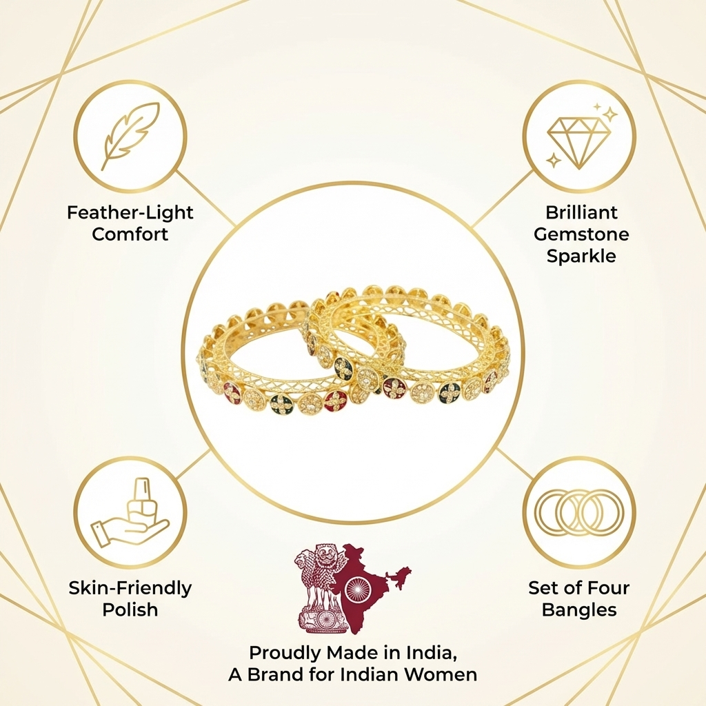 Traditional Gold Plated Metal with Red Zircon GemStone Bangles Set Premium Rajwadi Kangan Se