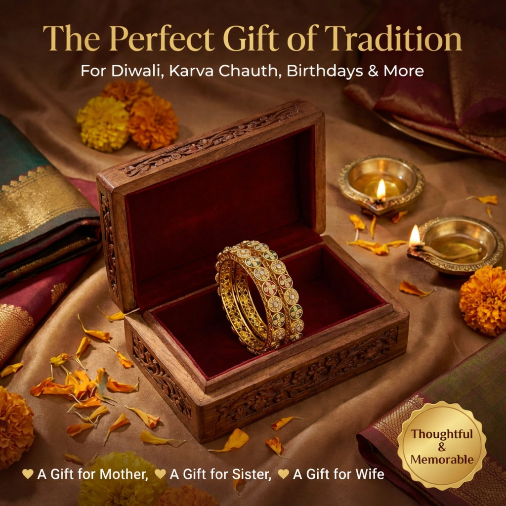 Traditional Gold Plated Metal with Red Zircon GemStone Bangles Set Premium Rajwadi Kangan Se