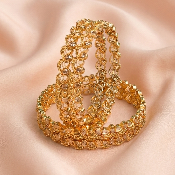 Gold Plated Kada Set Studded With Zircon Stone - Set Of 2