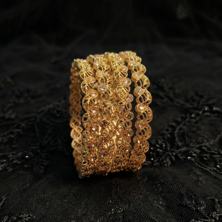 Gold Plated Kada Set Studded With Zircon Stone - Set Of 2