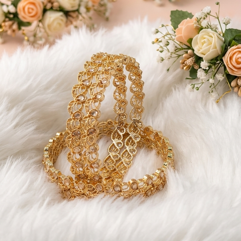 Gold Plated Kada Set Studded With Zircon Stone - Set Of 2