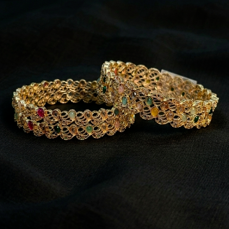 Gold Plated Zircon Stone Studded Kada Set - Set Of 2