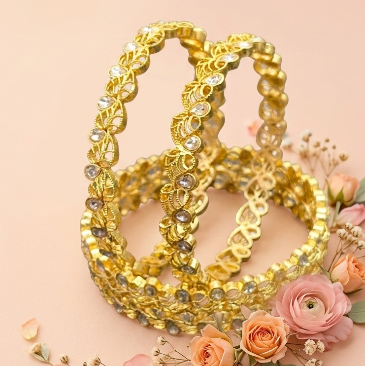 Gold Plated Kada Set Studded With Zircon Stone - Set Of 2